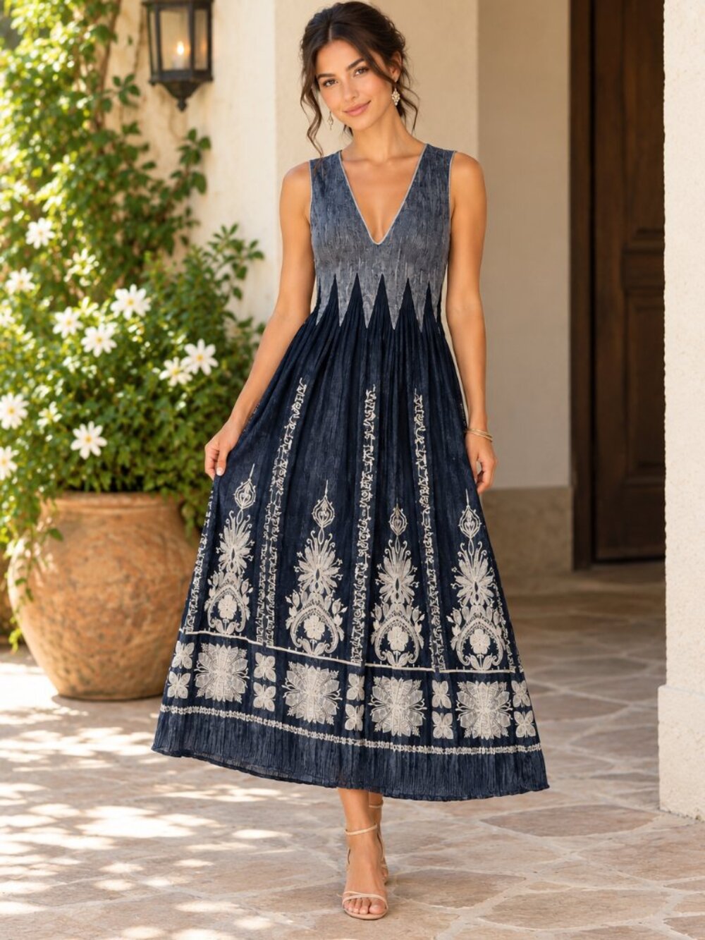MAX EDITION Dark Blue Gray Patterned Boho Maxi Dress Size L